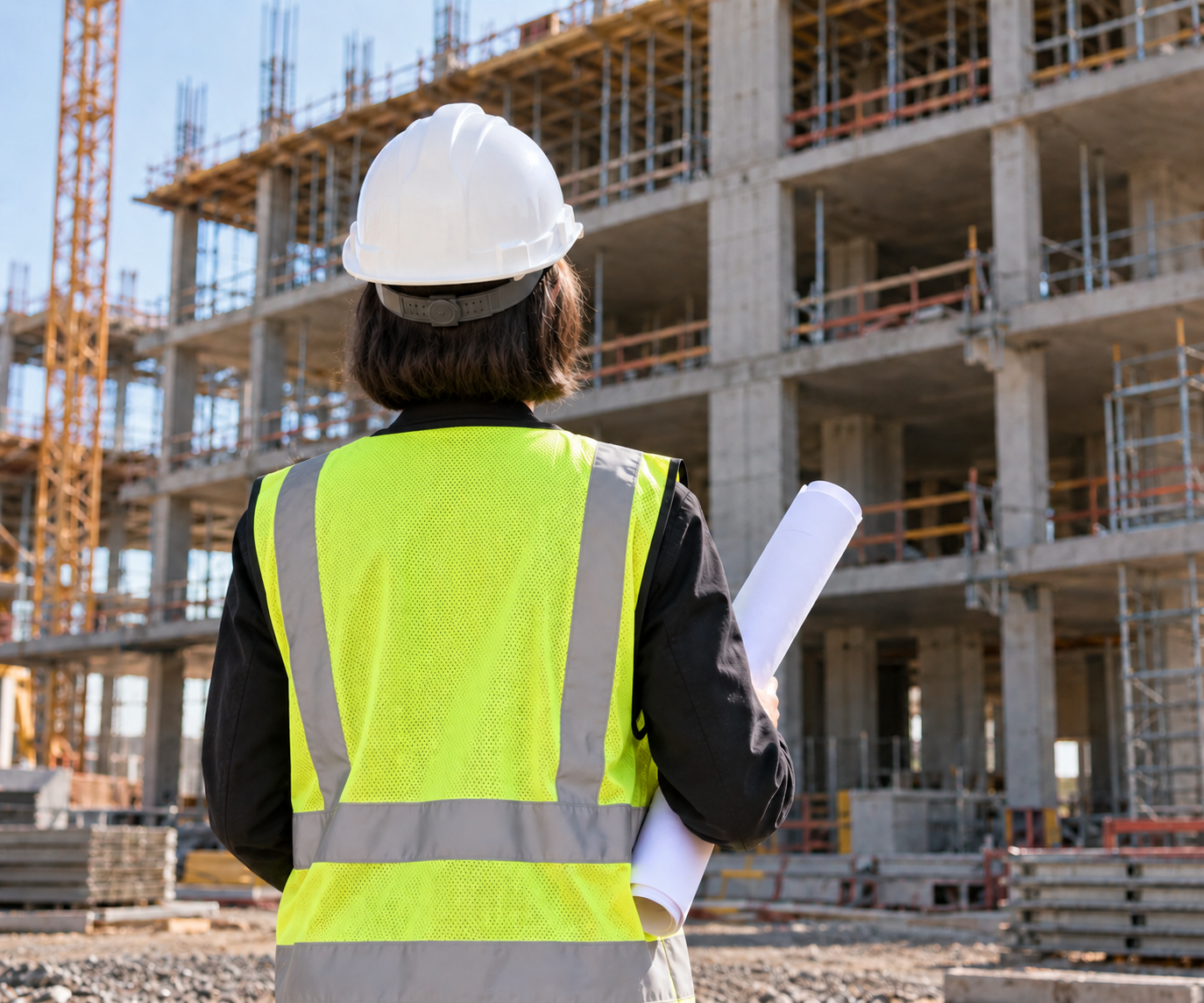 Bauingenieurin mit Helm betrachtet eine Baustelle von hinten